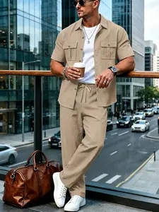 Summer Linen Style Men's Casual Short Sleeve Shirt and Long Pants Set, Breathable Loose Fit Two-Piece, Drawstring Waist, Ideal for Vacation and Daily Wear