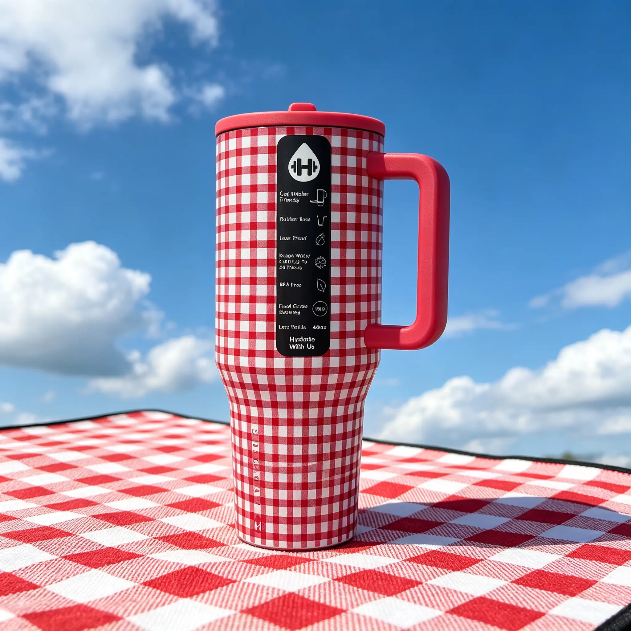 40oz Red Gingham HydroJug Stainless Steel Vacuum Insulated Tumbler - Drinkware Flask with Handle, Flip Lid, BPA-Free, Cup Holder Friendly for Picnic, Road Trip, Flasks strawberry shortcake pattern water care package universal size Handle Tumbler