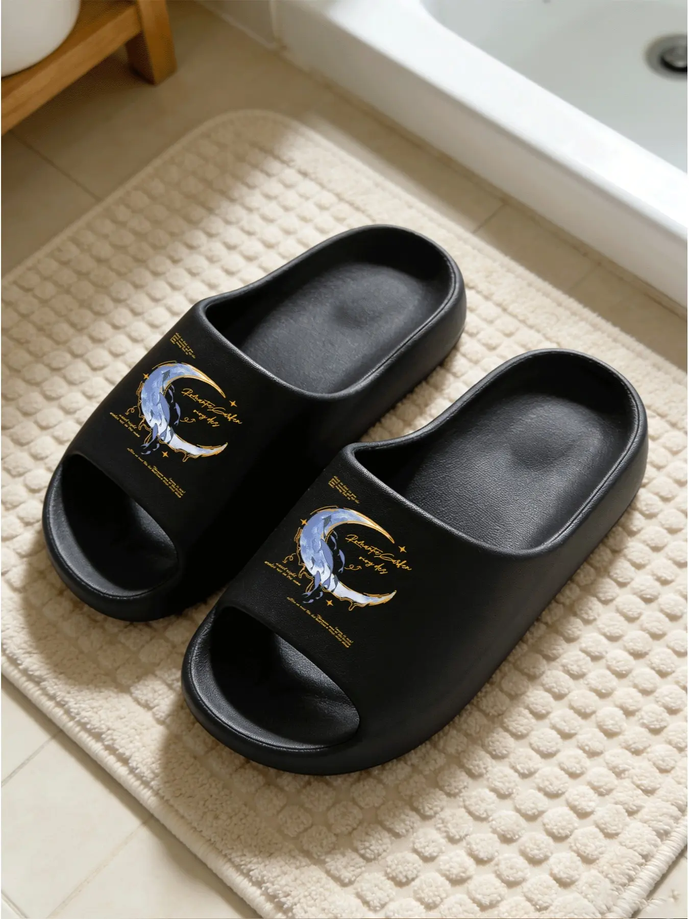 1 Pair Black Dreamy Blue Moon Letter Print Slides Casual Commute Style Anti-slip Quick-drying Ultra-soft EVA Thick Sole Slippers For Cool Working Girls Commute And Vacation
