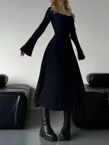 Women's Plain Minimalist Long Sleeve Square Neck Belted A-Line Dress, Fall Fashion, Casual Daily Wear, Stylish and Comfortable