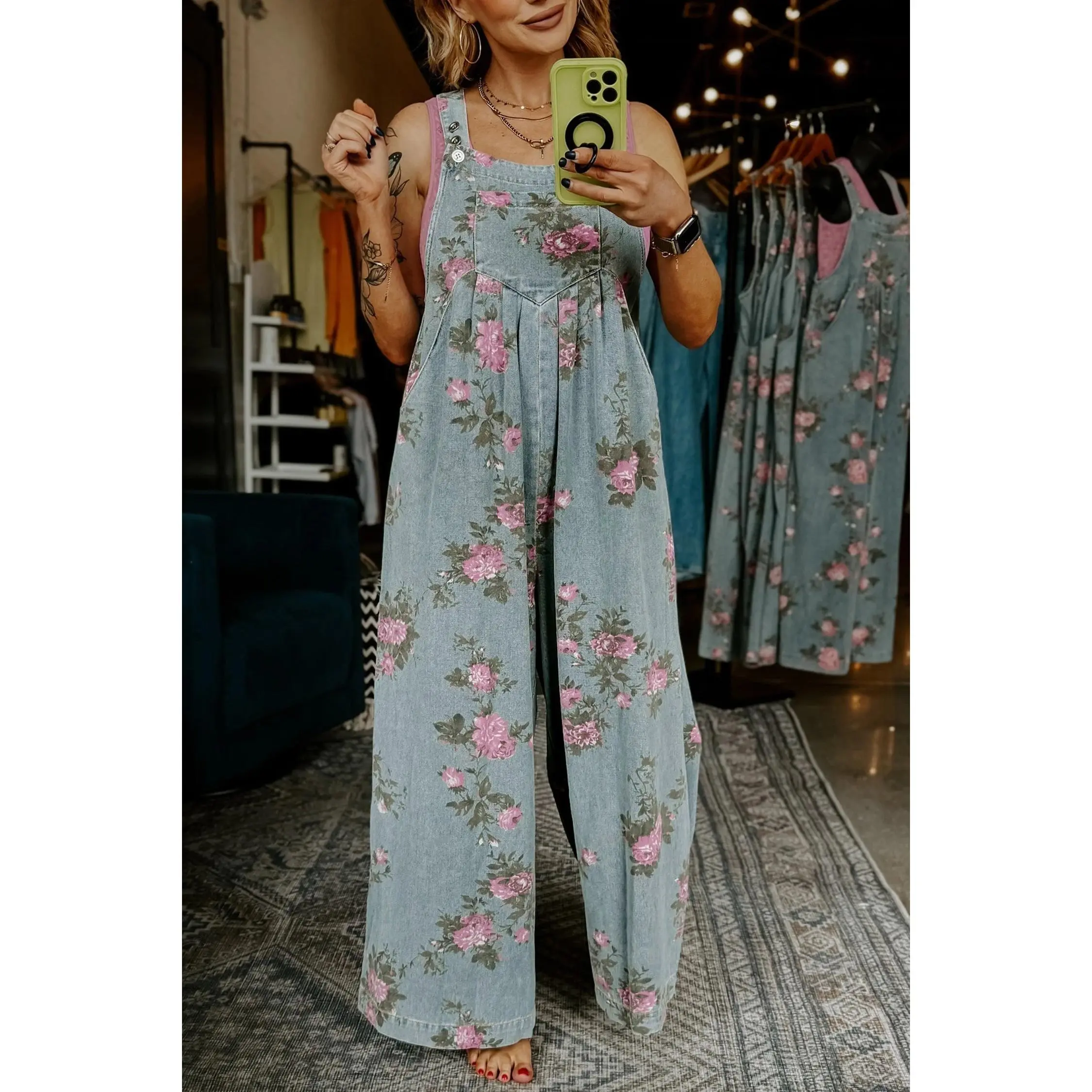Blue Floral HW Denim Jumpsuit
