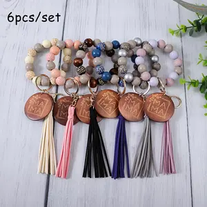 [6pcs MAMA Wooden Bead Keychain] 6pcs Wooden Bead Keychain Set, Round Carved 'MAMA' Letter Charm, Tassel Key Ring with Lobster Clasp, Beaded Ladies Keyring, with Decorative Alphabet Themed for Mother'S Day Gift