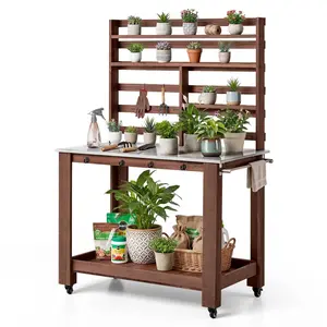 【Summervibes】VEVOR Potting Bench Table, Outdoor Gardening Workstation with 45 x 26 in Stainless Steel Tabletop, Storage Shelves, 4 Casters, Hooks, Garden Planting Work Station for Outside Patio, Backyard, Brown
