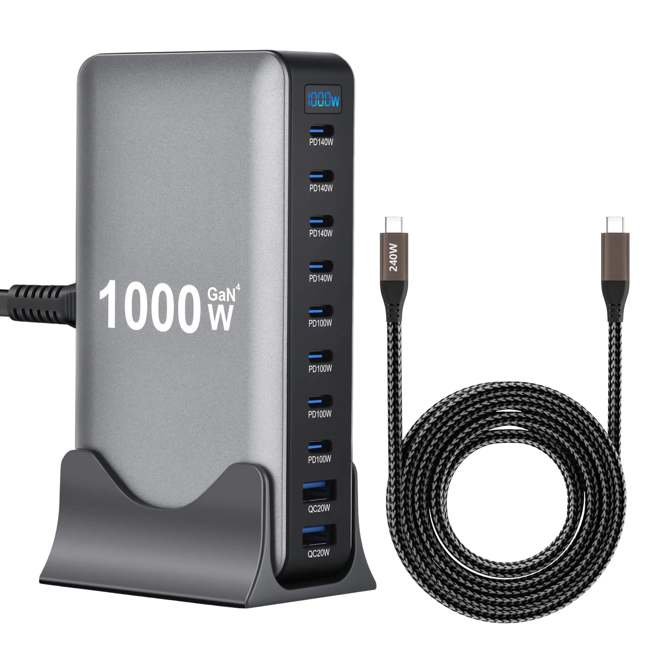 FTS 1000W 10-Port GaN 4 Charging Station with 240W 6.6 Data Cable for Fast Charging iPhone, iPad, Smartphones, Cellphones, Mobile & Electronic Devices, Smartphone, Charging Dock Station