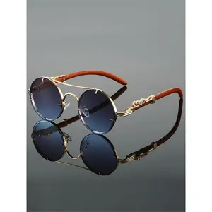Vintage Round Frame Sunglasses | Gold Metal Frame with Leopard Accents & Wooden Temple Arms - Gradient Blue Lenses, Lightweight & Durable, Perfect for Summer, Travel, Outdoor Activities & Bold Fashion Statements