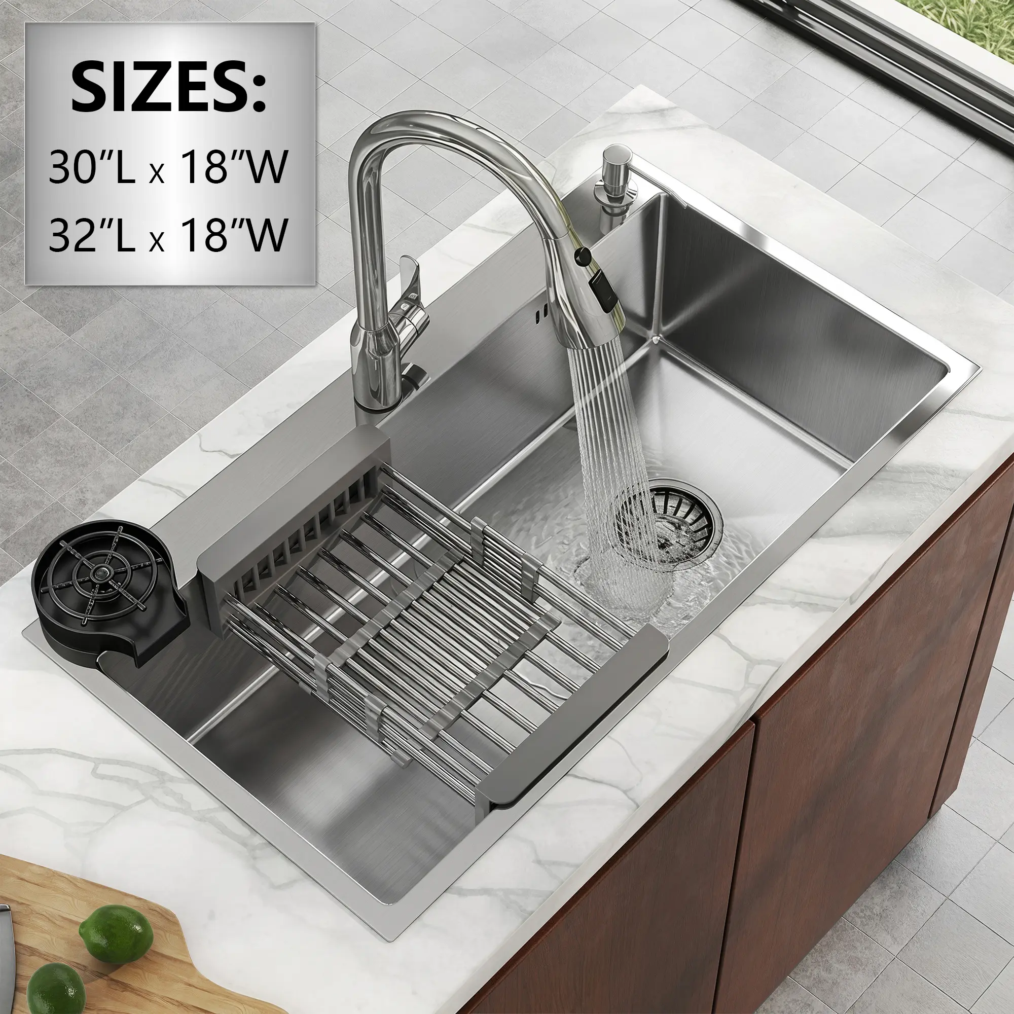 Silver stainless steel kitchen sink (30"/32" single bowl, drop-in/top-mount) with faucet, glass rinser, soap dispenser, and retractable drying basket