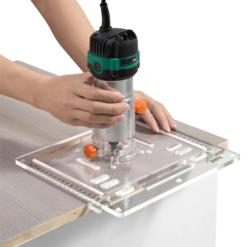 The 8mm thickened acrylic cutting base plate can be used as a small tool table or as an adjustable backer for trimming machines