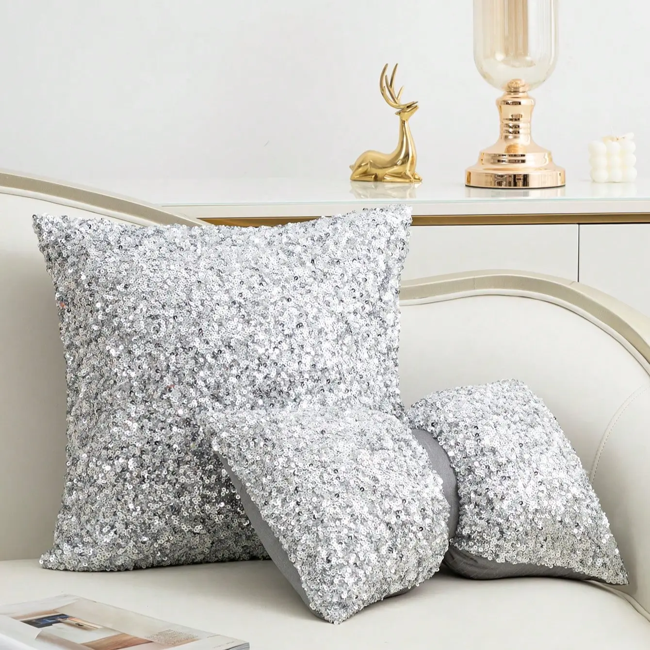1pc Silver Color Decorative Sequins Throw Pillow Cover, Nordic Style Wedding & Christmas Decor, Detachable Bow Waist Cushion for Home & Outdoor Use, Cushion Covers