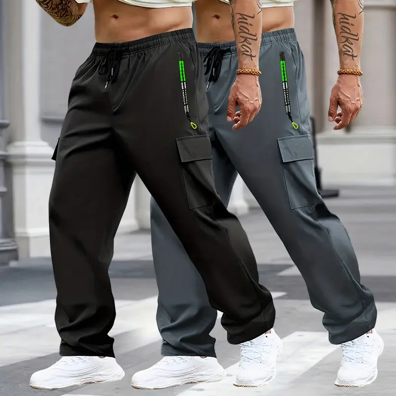 Men’s 2-pack cargo pants with multiple pockets, solid color casual loose outdoor windbreaker sports long pants featuring large zippered side pockets, suitable for everyday commuting, leisure outings, hiking, and camping. Wide Sweatpants, Activewear, Trous