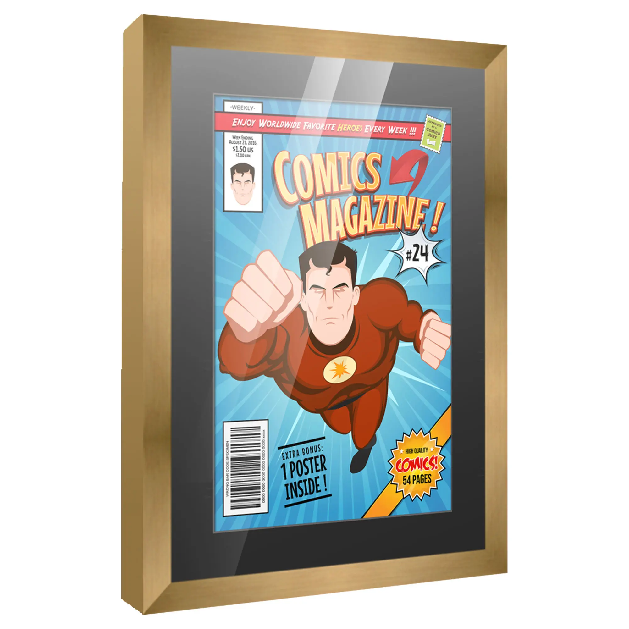 Comic Book Frame with Mat for 1 Current Era Comic Published After 1985 - Bronze Wood Comic Frame With Black Mat for 6.875x10.5 Comic - 10x14 Frame Size