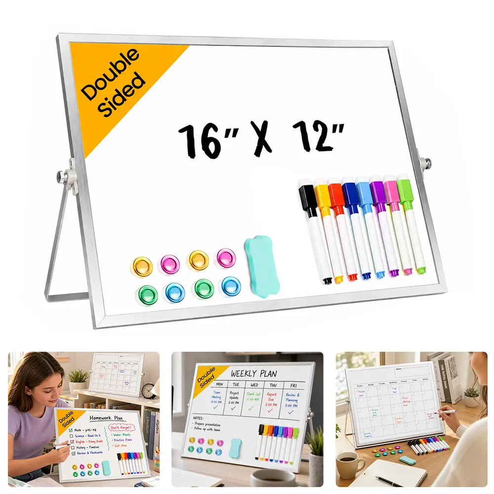 1pc Desktop Whiteboard with Stand, 16" x 12" Double-Sided Dry Erase Board with Stand, 10 erasable pen and 10 magnetic magnet, Portable Stand White Board for Office, Home, School