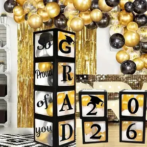 4pcs 2026 Black Graduation Balloon Boxes GRAD 2026 So Proud of You Balloon Box for Graduation Party Props Background Decoration