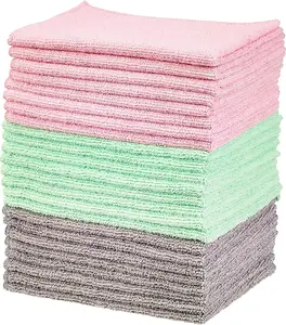 Microfiber Cleaning Cloths, Ultra-Soft and Highly Absorbent, Streak-Free, Lint-Free, Scratch-Free, Washable, for Car Detailing and Glass Cleaning, 16" x 12", Green/Gray/Pink, 24-Pack