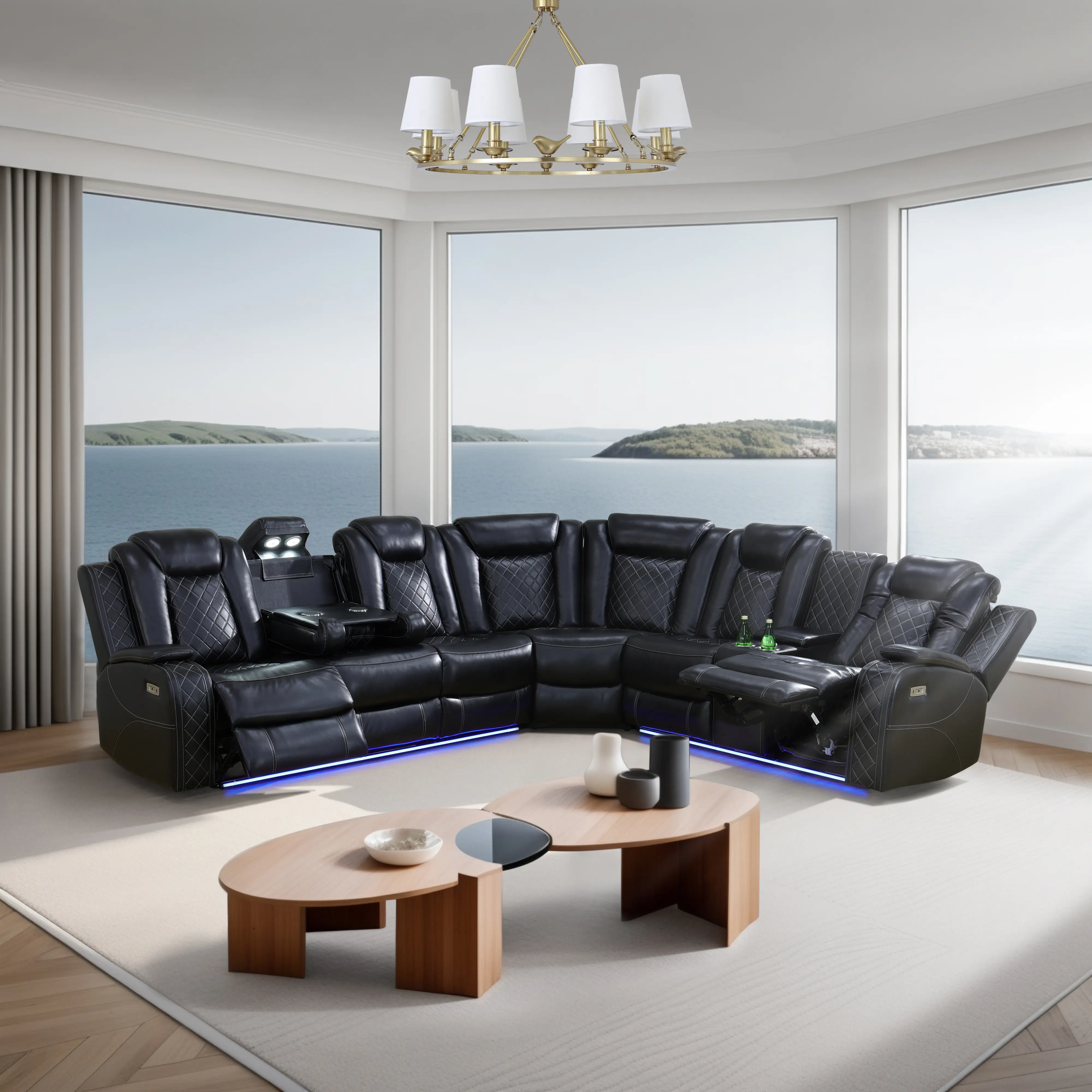 Summervibes 3-Piece Modern Black Breathable Leather 6-Seater Recliner Sectional Couch Set - Fixed Arms, Push-Back Reclining, Cup Holders, Storage, With Cushion, Durable Indoor Living Room Furniture, Recliner Chair For Comfortable Seating Needs, Comfy Couc
