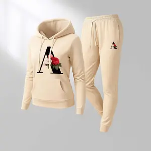 Women's A Rose Print Lips Print Hair And Sunglasses Hoodie And Drawstring Track Pants Set, Casual Sportswear, Long-Sleeved Hooded Jacket And Pants, Suitable For Autumn And Winter,  Indoor And Outdoor Sportswear, Casual Sportswear.