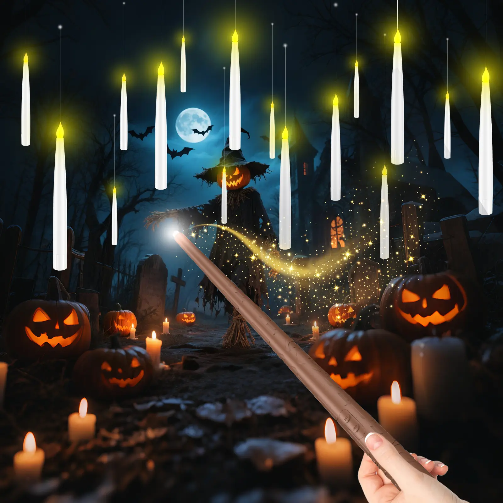 Magic Wand Remote Flameless Candles - 6.6" Floating Hanging LED Candles for Christmas & Halloween Decor