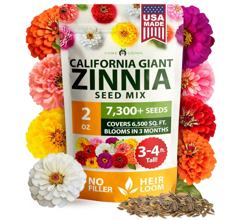 HOME GROWN Zinnia Seeds for 2026 - California Giant Mix - 7,300+ (2 oz) Plant Wildflower Blooms Bulk Seeds for Planting Flowers Outside - Pollinator Gardens (Zinnia elegans)