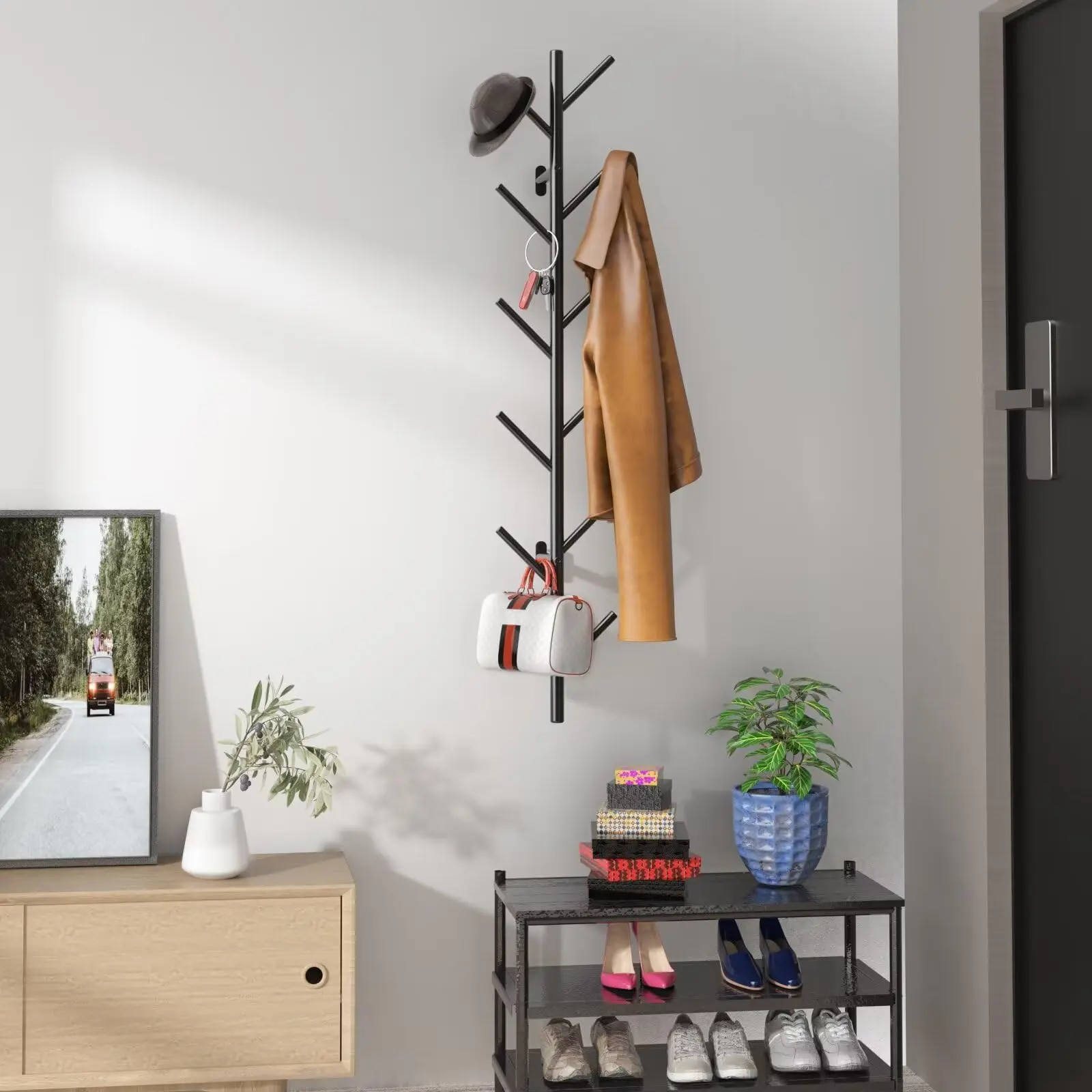 Wall-Mount Vertical Storage Coat Racks - Rustproof Alloy Steel Floating Hook Organizer, Modern Perfect Size Hat Rack Holder for Jackets, Clothes, Scarves, Bags, Caps, with Installation Tools, Ideal for Living Room, Entryway