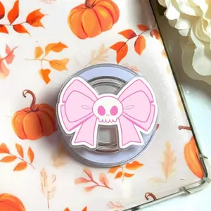 Aesthetic Pink Pastel Goth Skull Bow Phone Grip, Cute Coquette Hair Bow Griptok, Kawaii Purple Pink Monster High Stand, Whimsical Ribbon Holder
