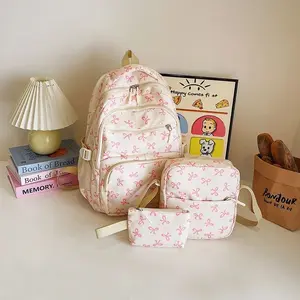 3 Pieces Cute Bow Pattern Backpack Set for Teen Girls, Sweet Bow Print Lightweight School Backpack, Multi-Piece Bookbag Ideal for Student Daily Campus Trip Vacation, Trendy Aesthetic TikTok Daily OOTD Bag