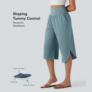 Breezeful High Waisted Tummy Control Hem Quick Dry Capri Pants with Pockets