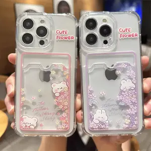 Cartoon bunny and flower themed card holder phone case, with a back for placing cards and photos, compatible with iPhones, exquisite design, made of TPU material, shockproof and drop-resistant.