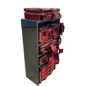 60 inch tall Milwaukee Packout Shelf Rack System Full Size Tool Box Railing Version 25 Inch Wide Milwaukee Packout System with Red Tool Boxes
