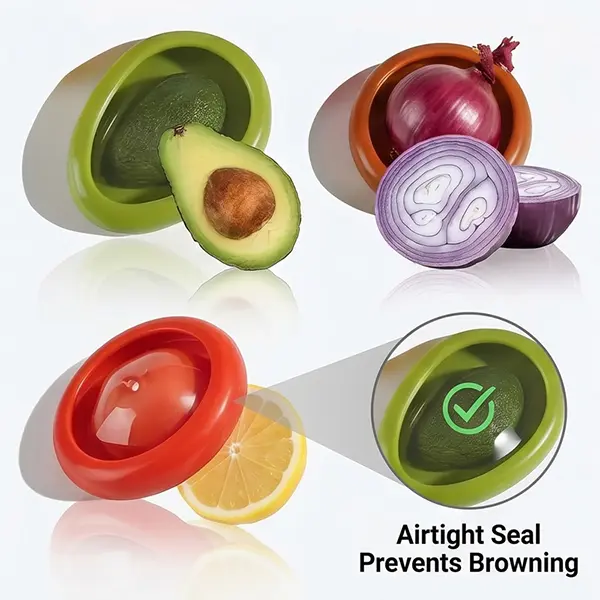 4-Piece Silicone Refrigerator Storage Containers - Reusable Kitchen Utensils Fruit & Vegetable Keepers for Avocados, Tomatoes, Garlic, Onions, Lemons, Potatoes, Bean Pods, Stretch Freshness Containers