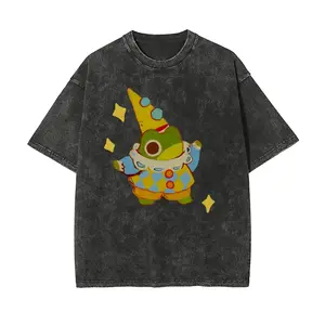 Men's Retro Star Frog Cartoon Oversized Round Neck Short Sleeve Cotton Top - Vintage Washed, Stretch Soft Comfortable Graphic Fabric, Casual Summer Streetwear, Unisex Clothing Grunge Album T-Shirt