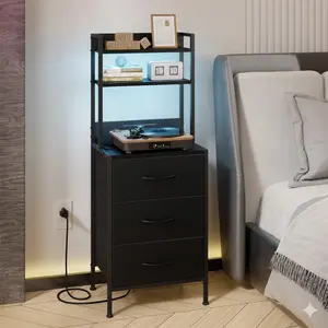 41 Inch Tall Nightstand with Charging Station, Led Night Stand with U-S-B Port & Socket, 3 PU Finished Fabric Storage Drawers, Office, Bedside Table & Bookshelf in One, Black