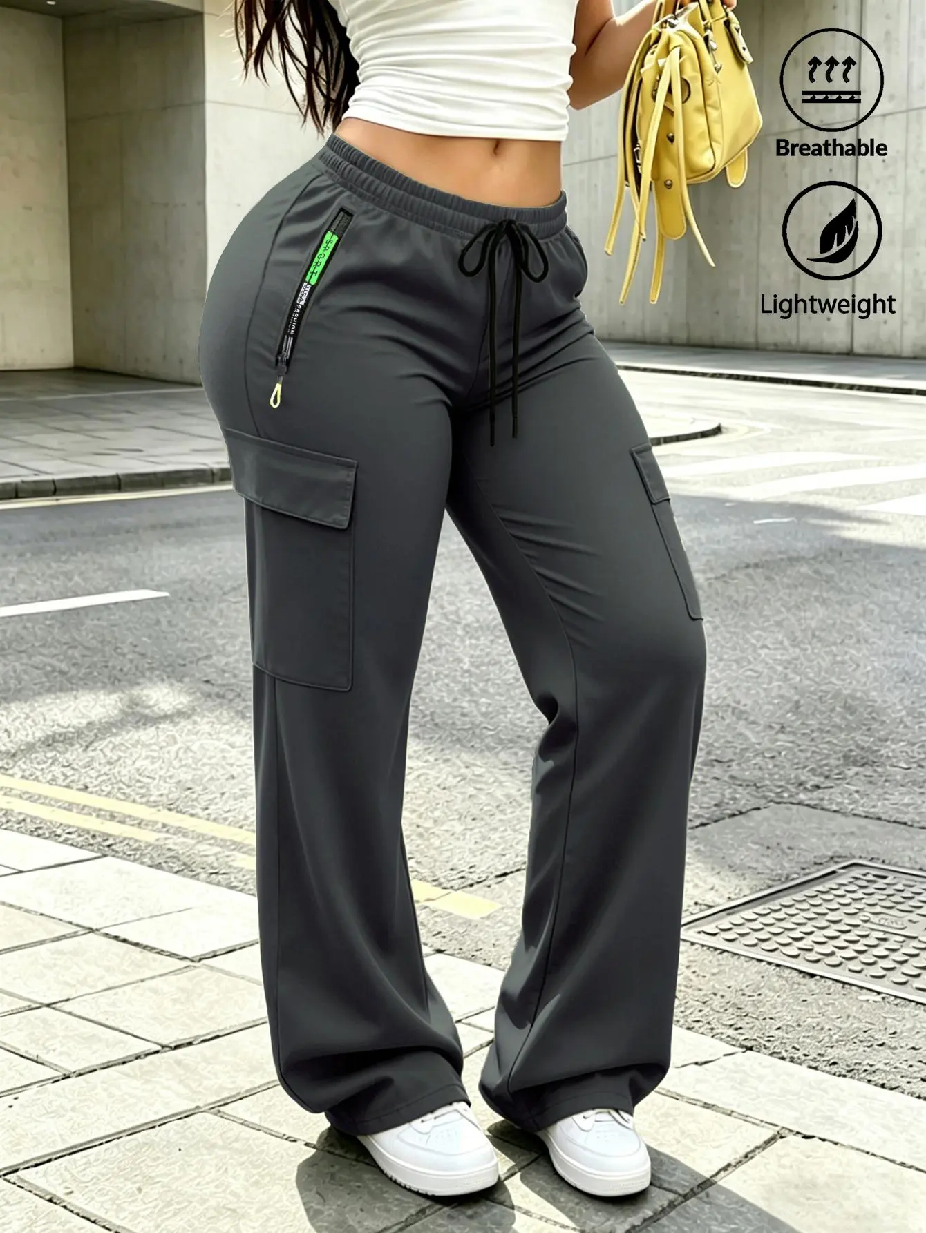 Trendy women’s lightweight cargo pants, casual straight-leg drawstring trousers with zip pockets | Perfect for outdoor activities, workouts, and everyday looks