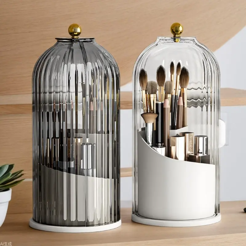 Rotatable 360° Makeup Brush Holder with 3 Compartments, Sliding Dust-Proof Lid & White-Grey Finish, Desktop Vanity Organizer for Beauty Brushes & Bathroom Sink Toothbrush Storage
