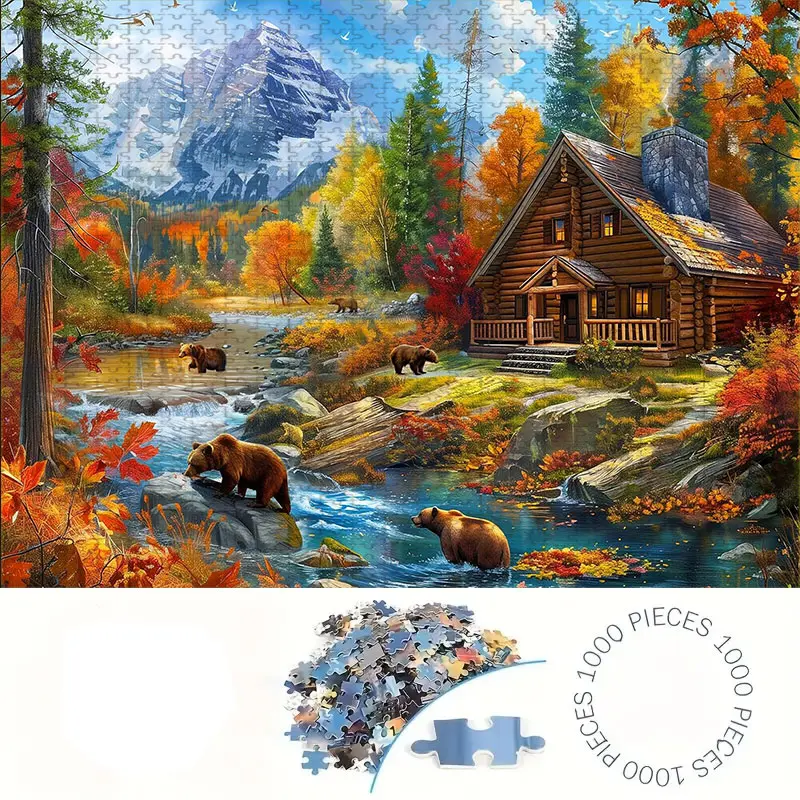 1000 Piece River Cabin Puzzle, Jigsaw Puzzles, Creative Puzzle, Large Adult Family Interactive Toy, DIY Home Decor Brain Challenge, Holiday Scene, Perfect Gift