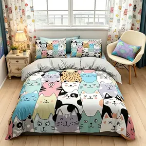 3-Piece Colorful Cat Digital Print Bedding Set - Featuring colorful cat design, this soft and warm duvet cover and pillowcase set is suitable for all seasons. Machine washable polyester bedding, ideal for bedrooms and guest rooms. Bed Sets Supplies
