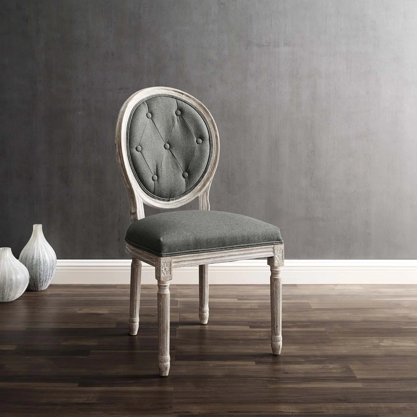 Modway Arise Vintage French Upholstered Fabric Dining Side Chair in Natural Gray