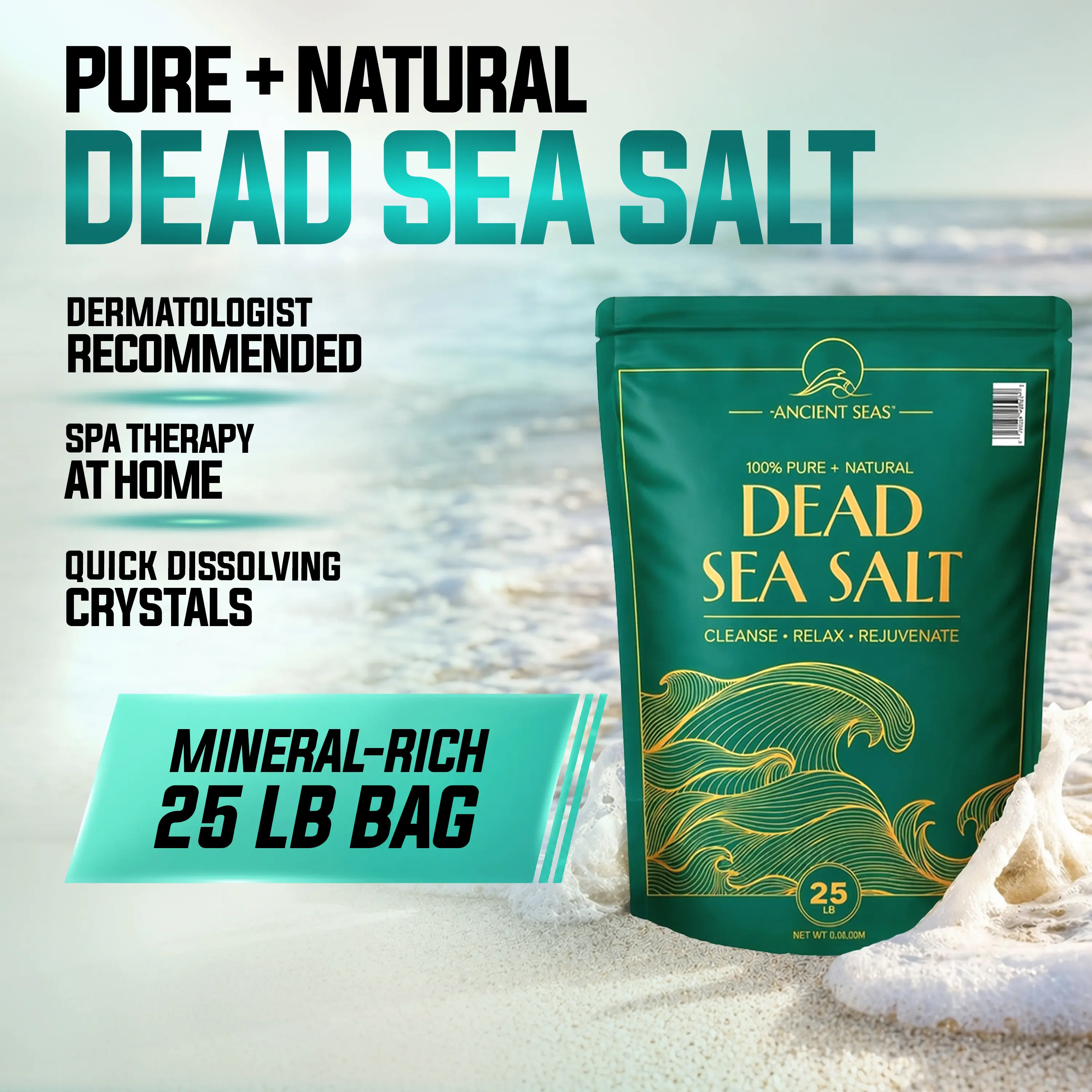 Ancient Seas 100% Pure + Natural Dead Sea Salt | Fast Dissolving | No Additives | Consistent Texture for General Use | 25-Lb. Bag