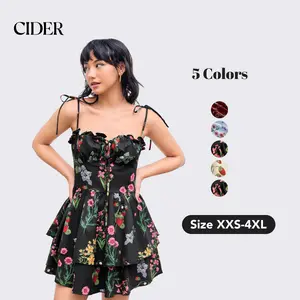 Cider Women's Lightweight Floral A-Line Dress with Adjustable Bust Tie-Front, Puff & Off-Shoulder Sleeves, Stretchy Back Design, Spring Summer Dresses for Women, Plus & Standard Sizes