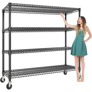 Metal Storage Shelving with Wheels, 4/5 Tiers Heavy Duty Rolling Storage Shelves with Adjustable Wire Racks, Garage Shelving Units, 2640 LBS, for Kitchen Pantry Commercial Industrial,Black, Multiple Size