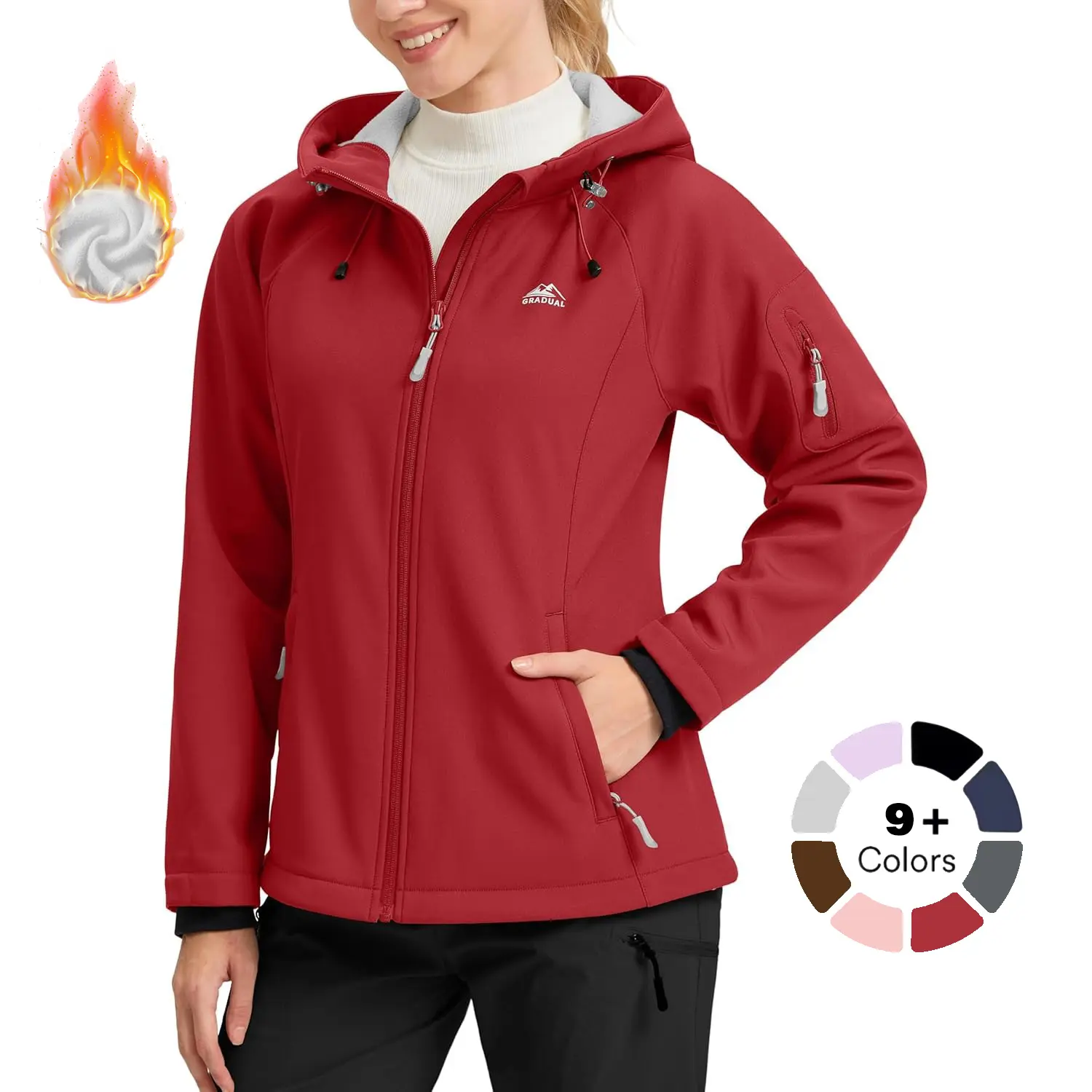 G GRADUAL Women's Activewear Jacket with Hooded Neck, Fleece-Lined Softshell, Windproof and Waterproof with 6 Quick Grab Pockets for Hiking