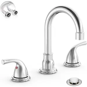 Farmhouse Vintage 8 Inch 3 Hole Chrome Bathroom Sink Faucet, 2 Handle Widespread Faucet with Metal Pop up Drain and Water Supply Lines, BF03065-B11-C