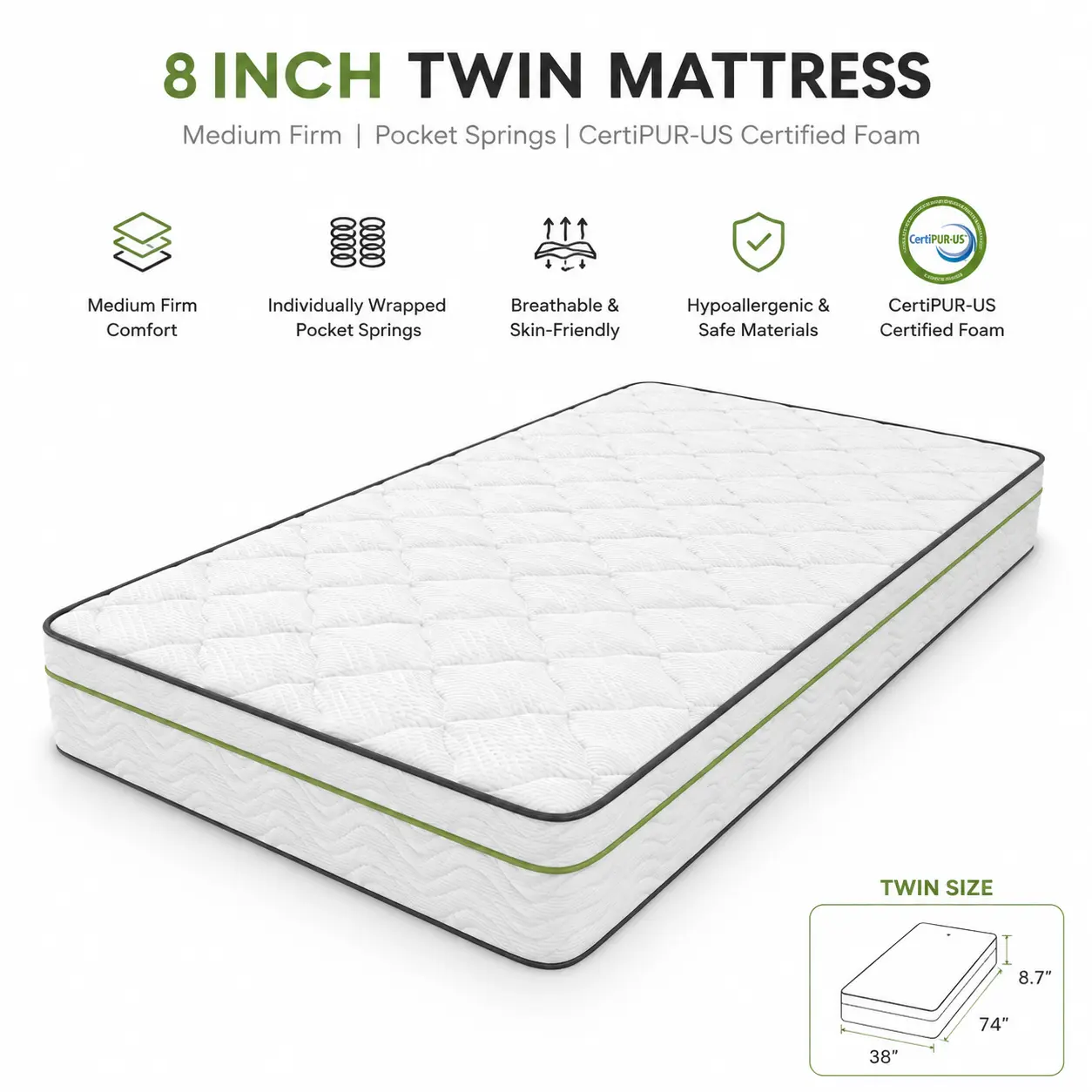 8 Inch Twin Size Snuggle Mattress Medium Firm Pocket Springs CertiPUR-US Foam