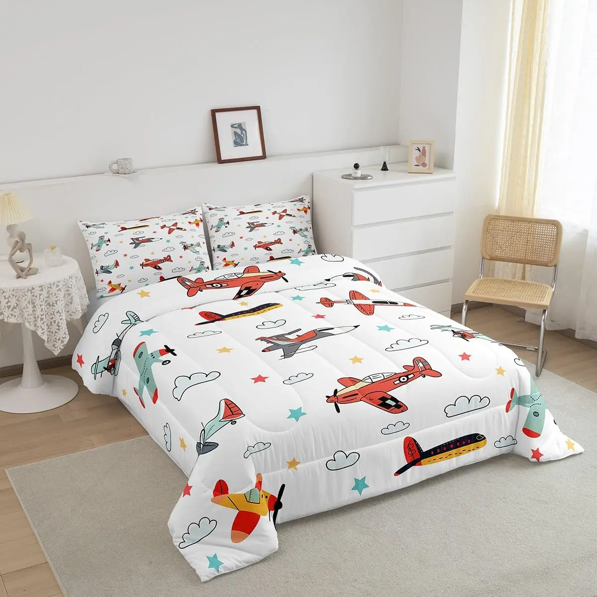 Feelyou Microfiber Toddler Bedding Set - Cartoon Aircraft Print Duvet Set, Twin/Full/King Sizes, Machine Washable, Cozy Setup for Snug as a Bug in a Rug Modern Bedroom Addition, Multi-Size, Queen, U-Stitch Filling, Travel Friendly