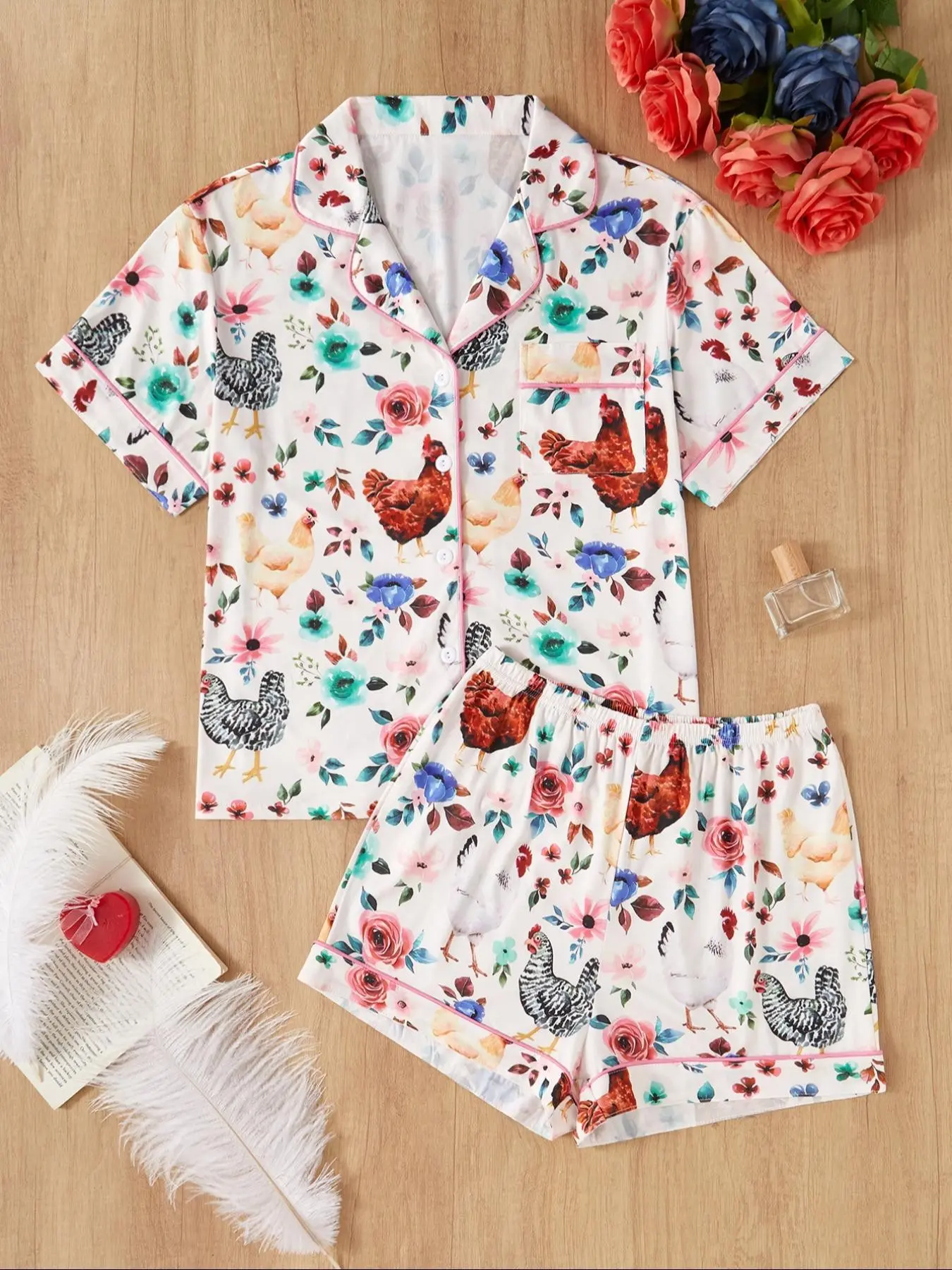 Cute Chicken Animal Floral Print Women's Collared Elastic Lightweight Matching Pajama Set, Short Sleeve Button-Up Shirt and Shorts, Casual Outdoor Home Wear, Loungewear, All Seasons, Nightwear, Pjs