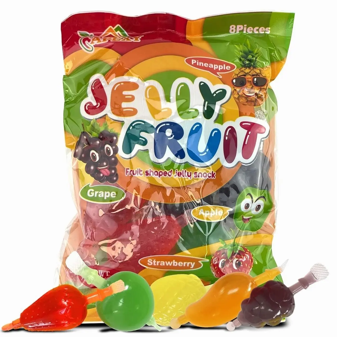 Apexy Jelly Fruit, Tiktok Candy Trend Items, Tik Tok Hit or Miss Challenge, Assorted Fruit Shaped Jelly, Strawberry, Mango, Apple, Pineapple, Grape. 9.87oz.
