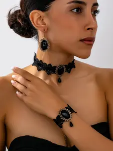 Halloween Party Lace Gothic Fashion Line Flower Hollow Ellipse Pendant Necklace Earrings Bracelet Set, Unique Style Jewelry, Fashionable Jewelry Set