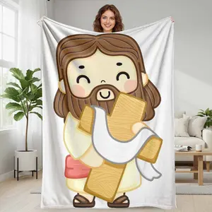 Jesus Flannel Fleece Blanket  Cartoon Religious Figure Holding Cross Pattern  Super Soft Lightweight Plush Cozy Throw  Ideal For Spiritual Living Room Bedding  Church Prayer Gatherings  Or Meaningful Christian Festival Gift Giving