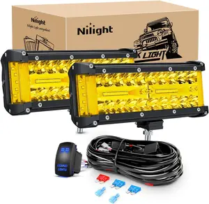 Nilight 2PCS 7in 180W Triple Row Spot-Flood Combo Yellow Beam LED Car Lights, Waterproof Aluminum Alloy Light Bar Car with 5Pin Rocker Switch Wiring Harness & Mounting Bracket for Off-Road Trucks, SUVs