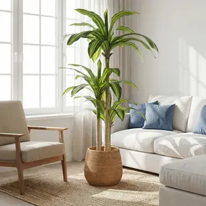 5FT Lifelike Faux Dracaena Tree, Plastic Potted Artificial Tropical Floor Plant with Nursery Basket, Indoor Decor for Boho Home & Office