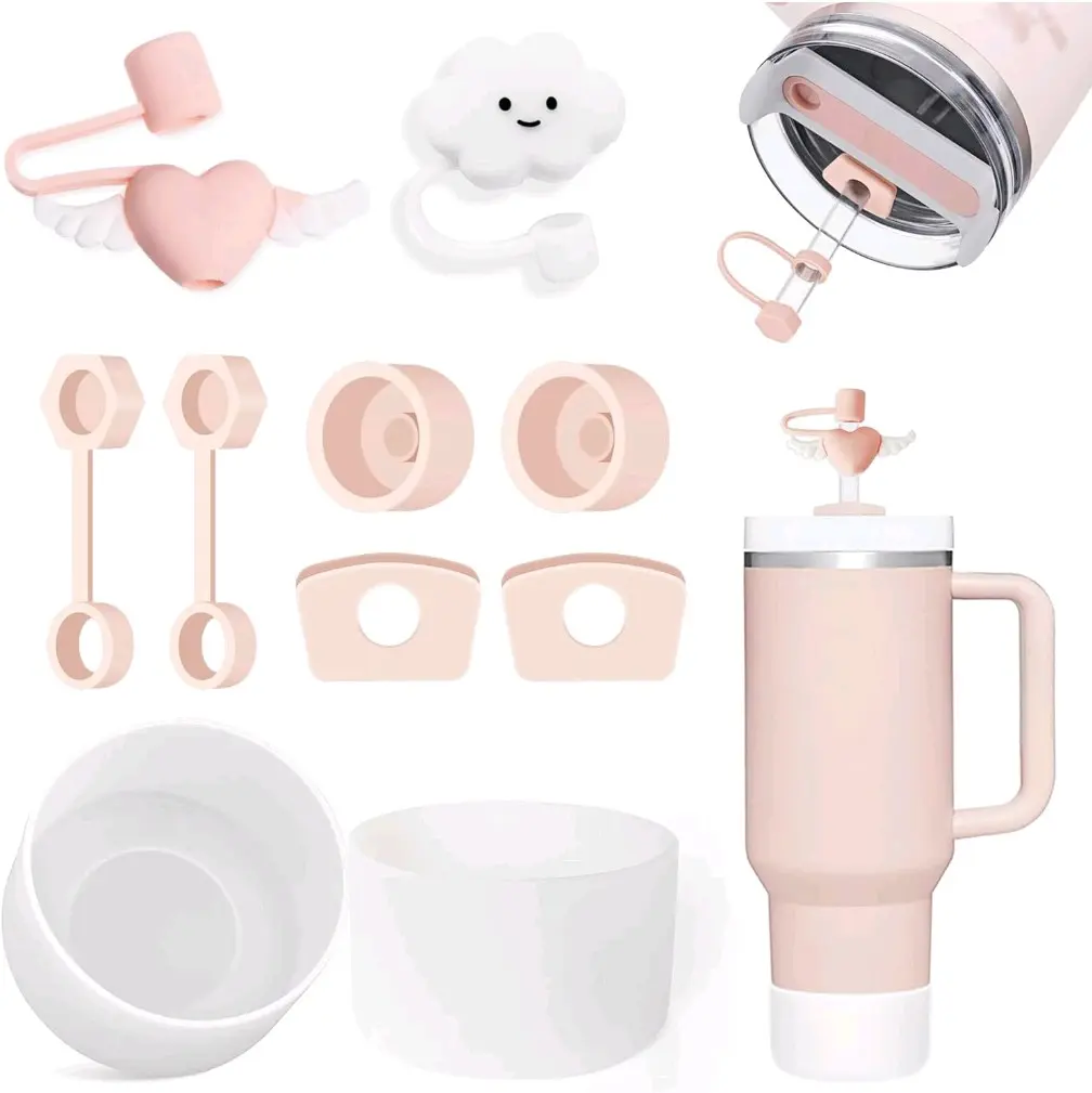 10-Piece Stanley Cup Accessory Kit - Includes 6 Spill-Proof Silicone Stoppers, 3 10mm Straw Covers, and 1 Bling Boot Sleeve for 30 & 40 oz Tumblers Pink Heart Cloud Valentine's gift Drinkware Mug Stylish
