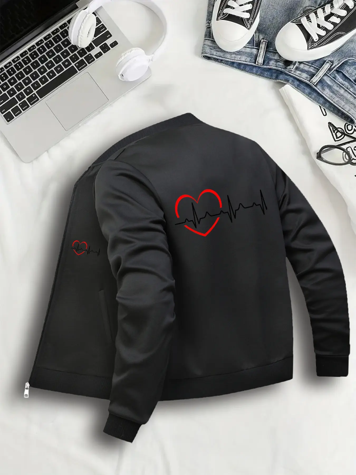 Women's Casual Fitted Long Sleeve Jacket, Heartbeat Graphic Print Design, Baseball Collar, Zipper Closure, Pockets, All Seasons Wear, S to Xxl, Coats, Outerwear, Womenswear, Lady